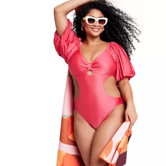 FE NOEL X TARGET Metallic Puff Sleeve Cut Out One Piece Swimsuit - Pink - NEW - Picture 1 of 1